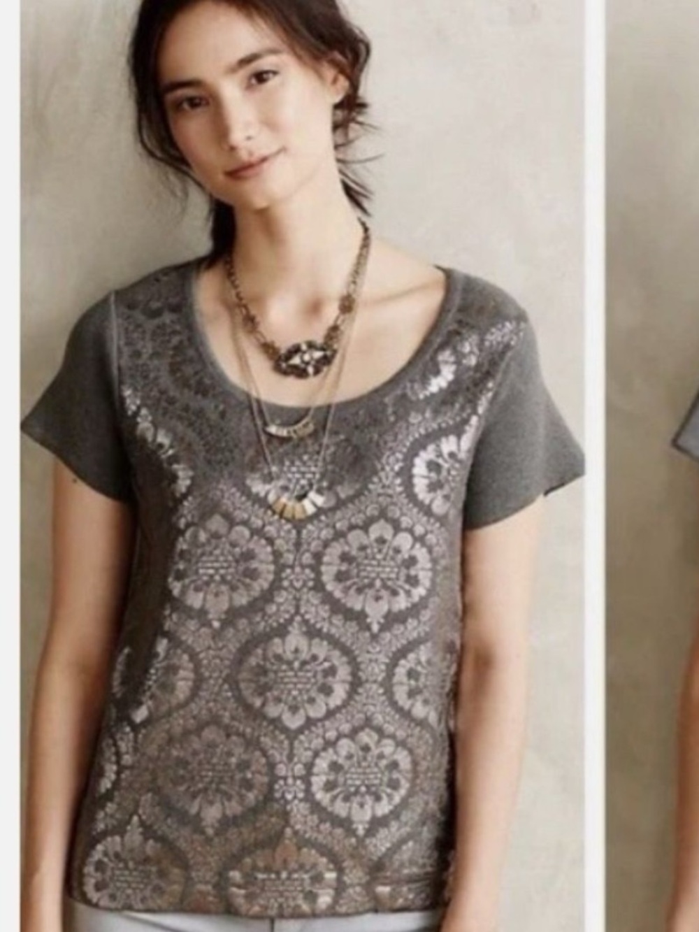 Anthropologie Moth ‘Drawing Room’ Silver Foil Damask Gray 100% cotton Top Small